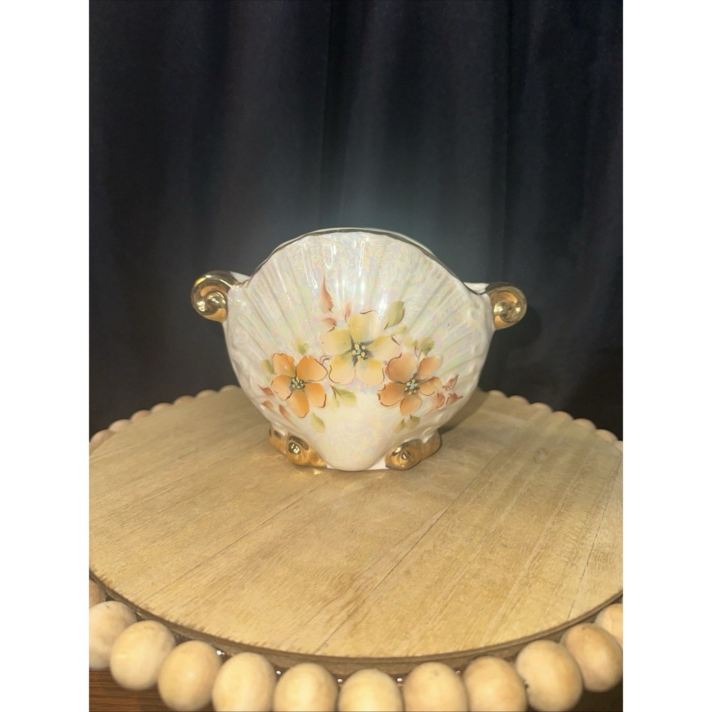 Vintage Opalescence Pansy Floral Clamshell Vase Shell Shaped Vase With Gold Trim